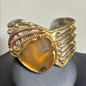 Vtg Artisan Brutalist Cuff Mixed Metal Copper Hammered Statement Bracelet India‌